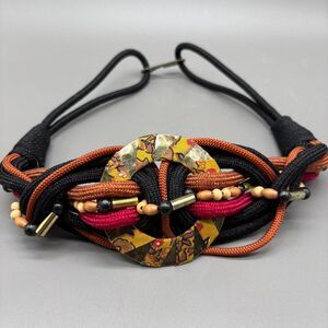 Vintage Boho Woven Cord Belt Rope Braid Wood Beads Brass Hook Batik Center 90s
